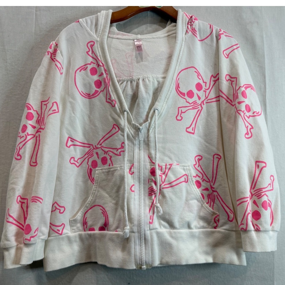 Vintage Victoria Secret Pink Skull & Bones Zip Hoodie Grunge Princess L Y2K PUNK - Picture 4 of 11